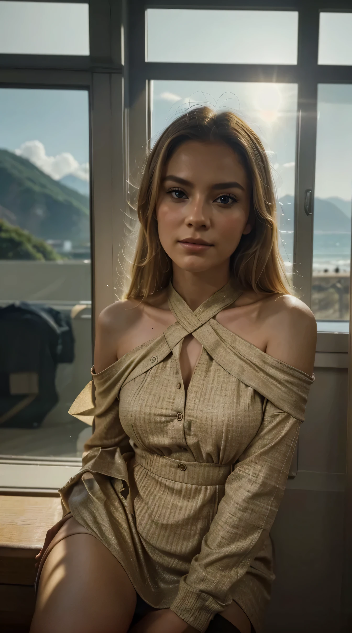 a close up of a woman sitting on a window sill, opened dress, sydney sweeney, gorgeous lady, jovana rikalo, style of julia razumova, looking her shoulder, viktoria gavrilenko, dressed anya taylor - joy, by Emma Andijewska, maxim shirkov, anastasia ovchinnikova, dasha taran