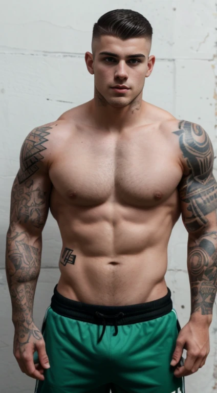 White young man , soccer player , blackwork tattoos on  forearms , 18 years old, lowe taper fade haircut, black hair, green eyes fixed, affiliated features, no facial hair, height 1.93, weight 100 kg, aesthetic muscular build, broad shoulders, V-shaped body, full body focus, completely hairless, 