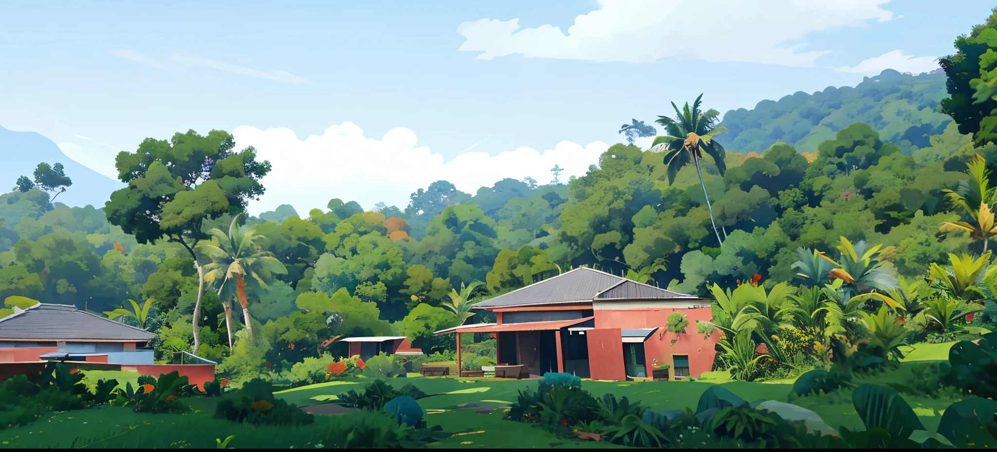 Malaysia trees and bushes in front of a house with a roof, amidst of nature fully covered, centre image, outside view, panorama view, panoramic, frontview, vista view, exterior view, panoramic view, jungle setting, panoramic shot, view from side, lush scenery, lush surroundings, from the distance, full - view, covered with vegetation, view