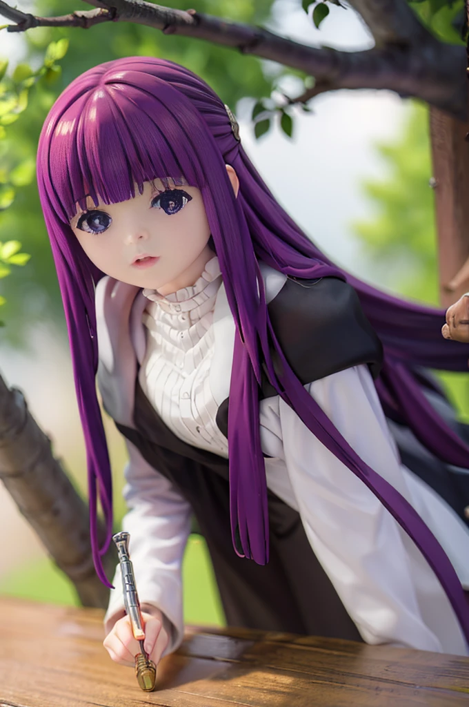 1 girl、(body floating)、full body description、slim、accurate line of sight、blue eyes、cute smile、Smile、purple hair、long hair、white dress、tree cane、forest、voyage、travel、Roman Temple、Guidebook、Magic Book、ancient books、Spy activity in progress、