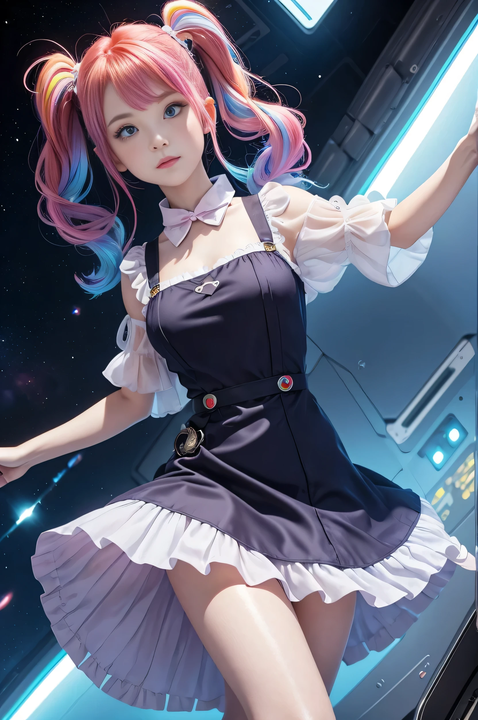 Cute redhead with rainbow colored hair tips, ribbons in her hair, 18-year-old woman, happy, in twin tails, perfect eyes, clear sparkling blue eyes, pale skin, silky smooth skin, flying a fancy metal luxurious space ship, futuristic cockpit, she's a pilot, dark warm lighting, wearing a futuristic party dress, pleated (chemise) mini dress (pastel rainbow colors, and polka dots), puffy sleeves, silk, wearing full body pantyhose, cute short cut booties.
