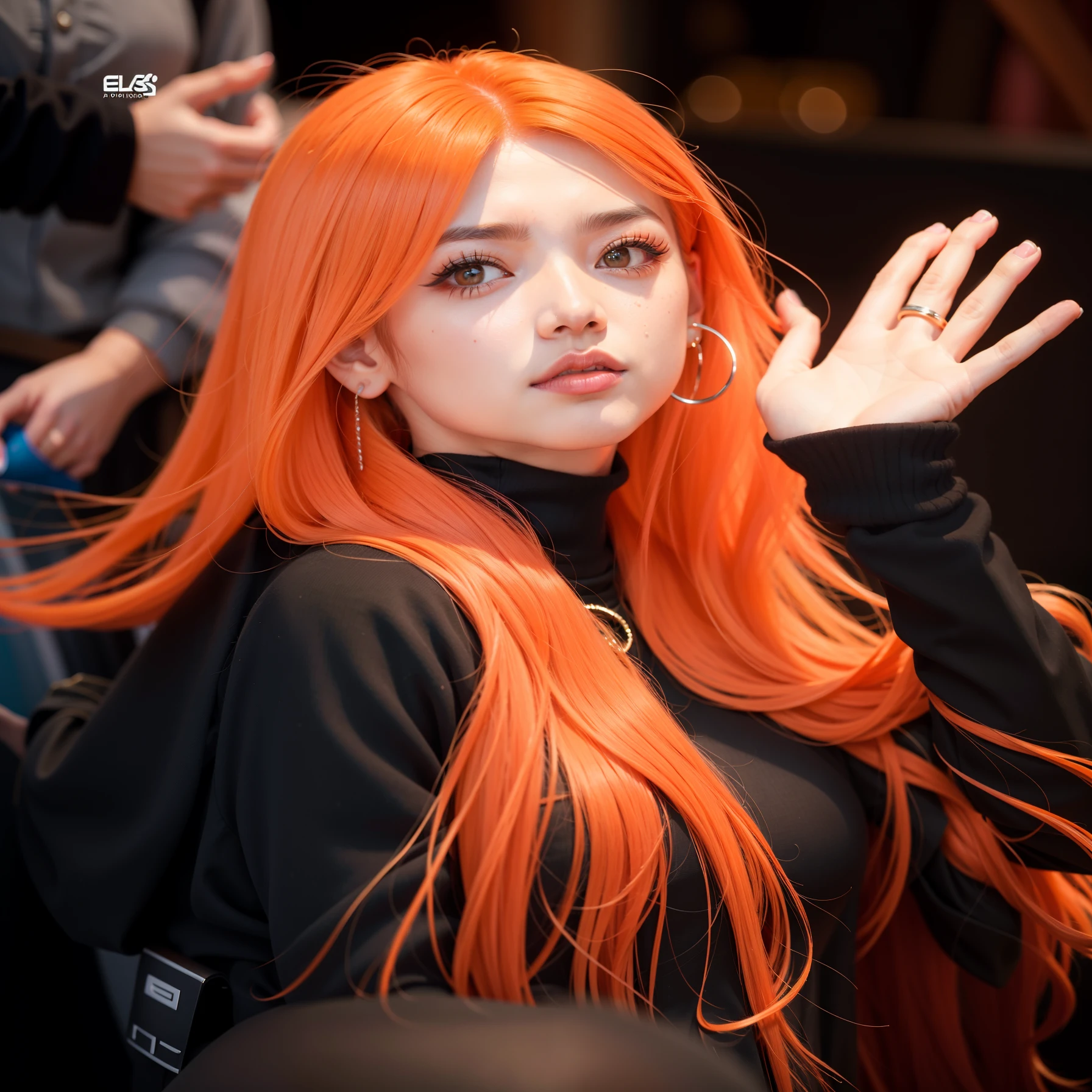 a close up of a person com longos cabelos ruivos and a ring, she has long redorange hair, ela tem longos cabelos castanhos alaranjados, jossi do blackpink, portrait of jossi do blackpink, long orange hair, tzuyu de duas vezes, cabelo laranja brilhante, com longos cabelos ruivos, orange hair, very long orange hair, Jisoo do Blackpink
