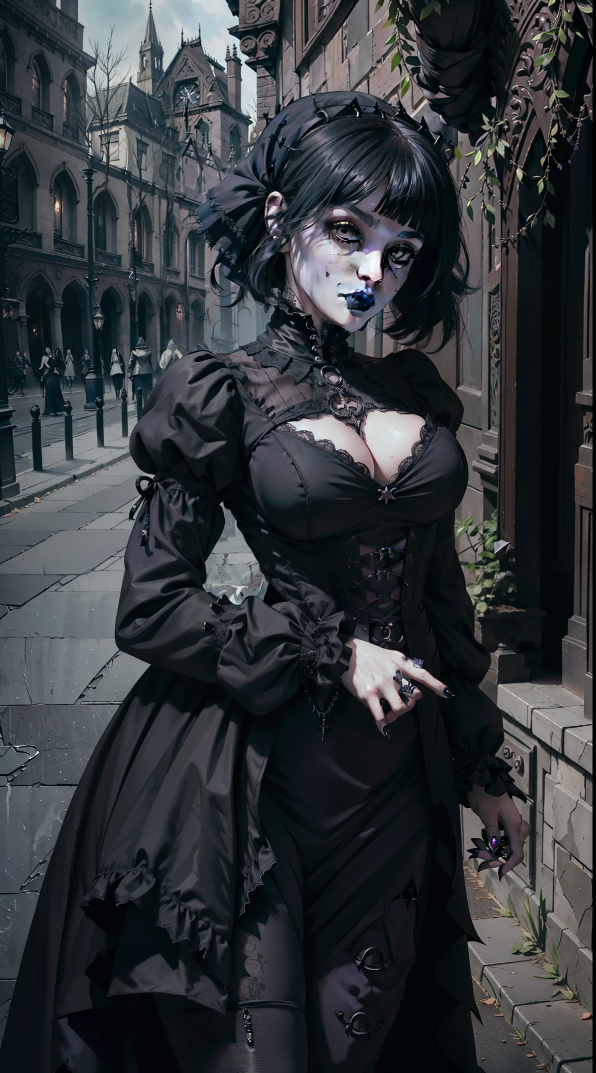 Official Art, Unity 8k wallpaper, ultra-detailed, beautiful, beautiful, ((New Goth gal:1.4)), masterpiece, best quality, dark, atmospheric, mystical, romantic, creepy, literature, art, fashion, victorian, decoration, intricate, ironwork, lace, contemplation, emotional depth, supernatural, 1 girl, solo, hip