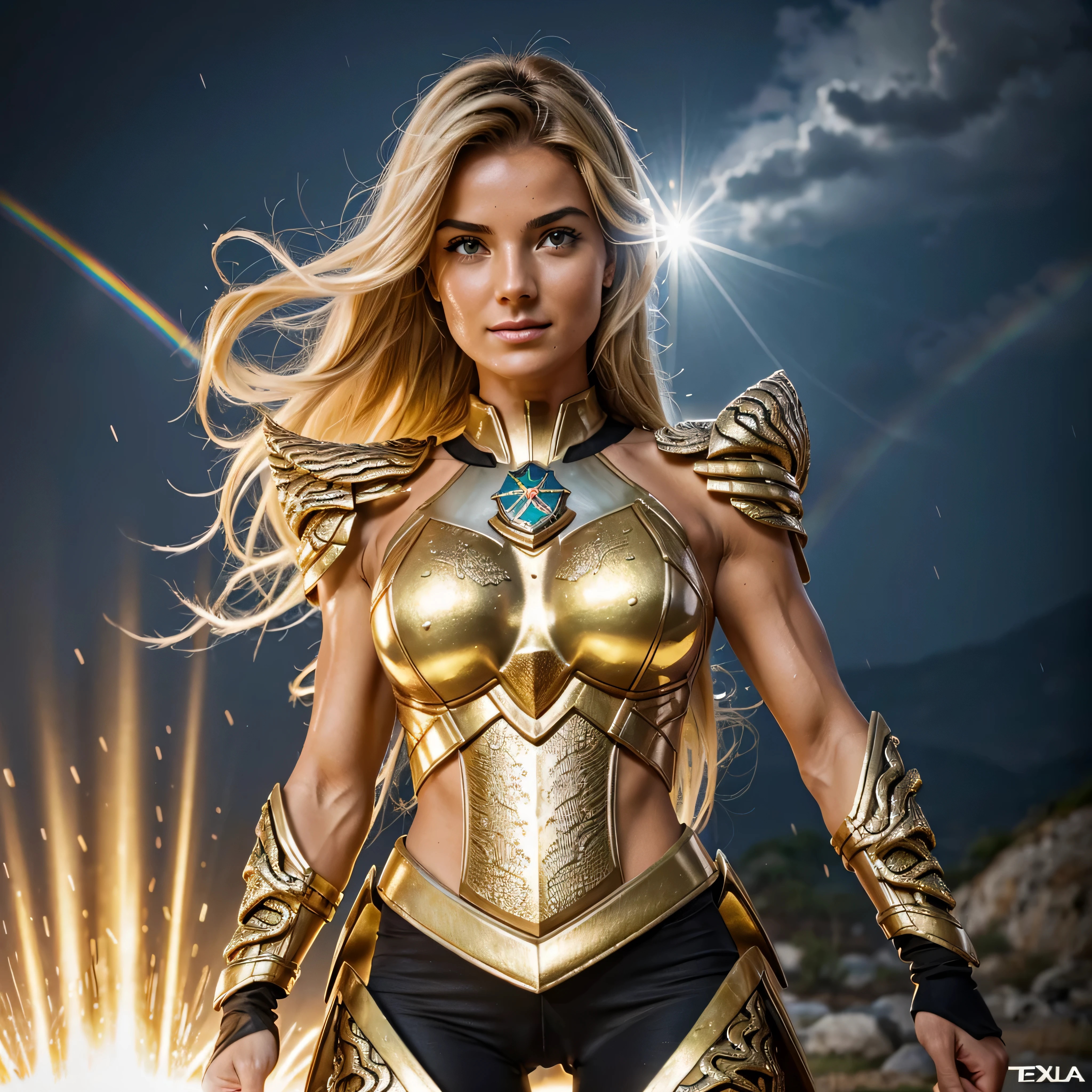 Knight of the Zodiac Aiolia de Leo, caveleira de ouro com capa branca, ataque na velocidade da luz, Saint Seya, (STYLE OCTANE RENDER!!!), (textura OURO REALISTA), CABELO REALISTA!!! (OURO BRILHANTE), (textura realista:2.0), (HDR:1.2), (4K), BLOND HAIR LONG, tiro de corpo inteiro!!!, camera low, TRAJE super detalhada ( DOURADA ARMADURA), adornada com pedras brilhantes, (GODDESS ARMOIRY ARMOR!) traje com pedras preciosas, ombreiras largas, nordic woman!, rosto angelical, symmetrical face, seduzir, coxas musculosas definidas, SALA DO TRONO MAJESTADE, corpo inteiro, mostre as pernas de calcinha dourada brilhante relusente, olhos azuis sensuais, coxas BRANCA, pernas, boca vermelha, olhos pequenos, nariz fino, (Nordic ethnicity), (MUSCULAR GIRL!), (STRONG GIRL!), ((muscular woman!!)), ((muscular woman!!!)) pele branca, 25 year old girl skin clean, pele branca, skin clean, (OLHOS PERFEITOS!), hot girl, pele muito branca, albina, luzes piscando, SPLASH, ((RAINDROPS!!!!)) (LENS FLARE!), (RAINBOW!), (RAIN:1), (STORM!), (SUPER STORM!!!), (GRAIN), (textura molhada!), (powerfull girl!!!), ((blonde eyebrows!!!))