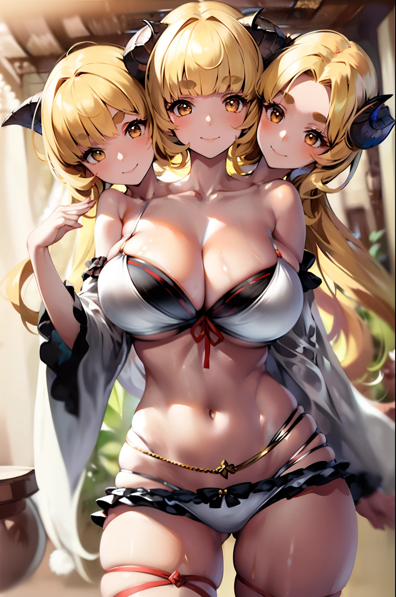 (3heads:1.3), 1girl, (anisum bikini:1.1), dynamic, pov, smile, v-shaped eyebrows, establish , tilt frame, blonde hair, horns, cute face, chubby