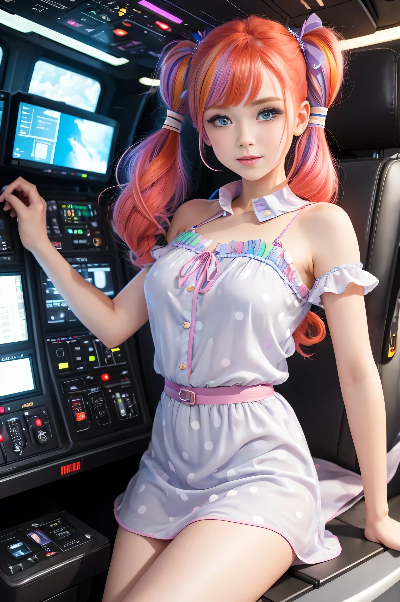 Cute redhead with rainbow colored hair tips, ribbons in her hair, 18-year-old woman, happy, in twin tails, perfect eyes, clear sparkling blue eyes, pale skin, silky smooth skin, flying a fancy metal luxurious space ship, futuristic cockpit, she's a pilot, dark warm lighting, wearing a futuristic party dress, pleated (chemise) mini dress (pastel rainbow colors, and polka dots), puffy sleeves, silk, wearing full body pantyhose, cute short cut booties.
