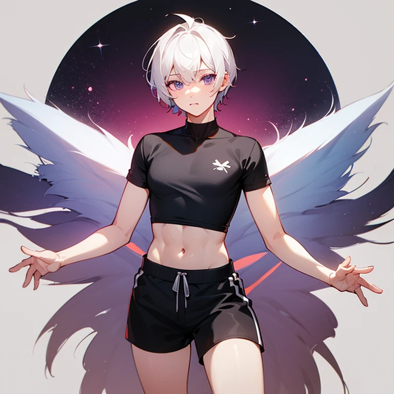 Tall Slender pale male, white hair and purple eyes, black crop top and white shorts