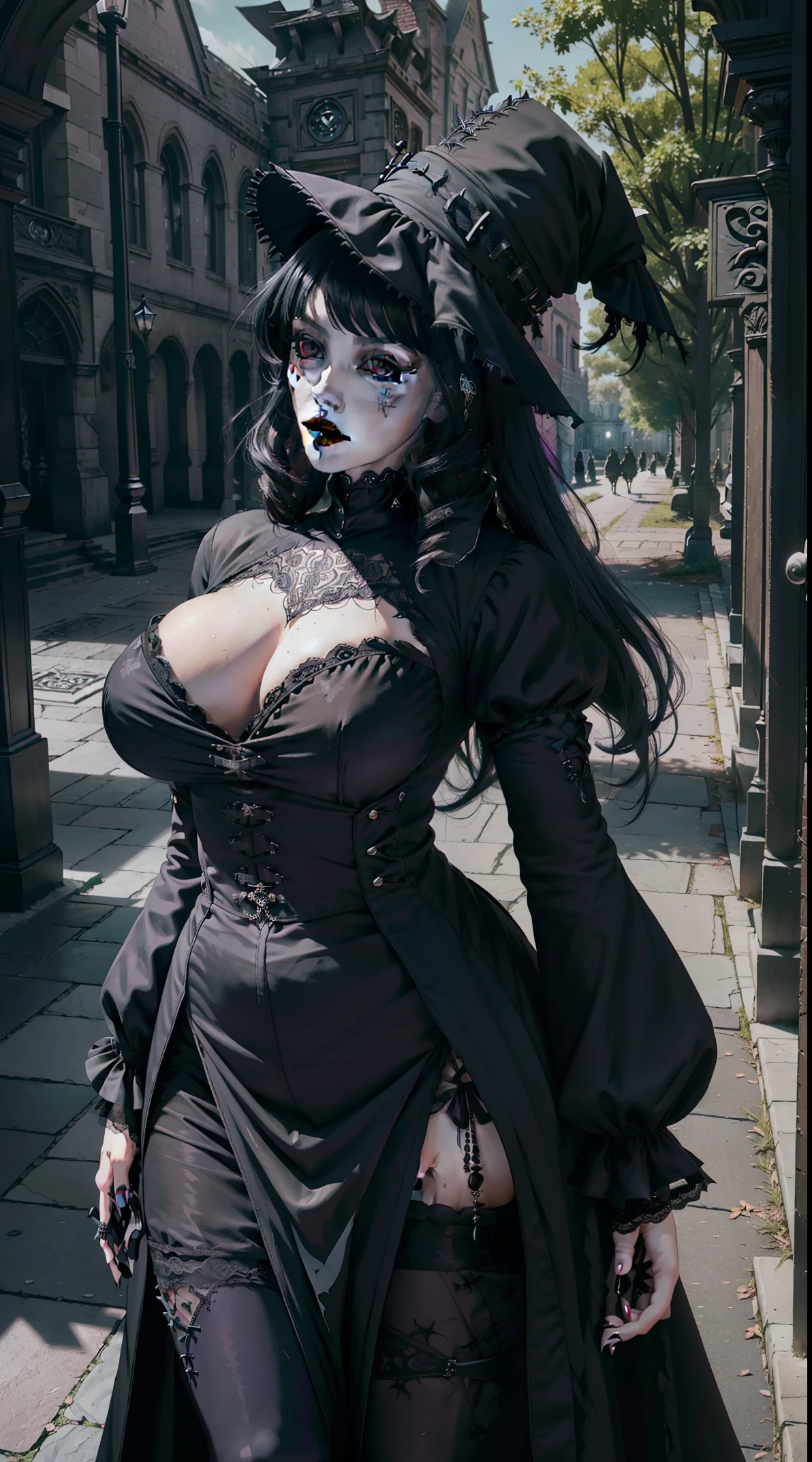 Official Art, Unity 8k wallpaper, ultra-detailed, beautiful, beautiful, ((New Goth gal:1.4)), masterpiece, best quality, dark, atmospheric, mystical, romantic, creepy, literature, art, fashion, victorian, decoration, intricate, ironwork, lace, contemplation, emotional depth, supernatural, 1 girl, solo, hip