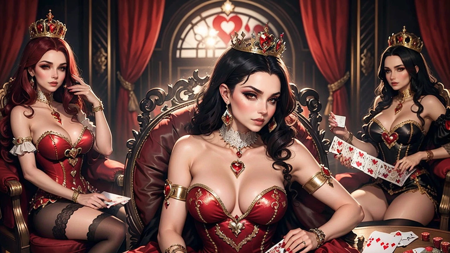 Em um luxuoso cassino, A stunning woman wears an exquisite dress adorned with heart symbols, embodying the royal presence of the Queen of Hearts. Surrounded by a backdrop of poker cards and chips, She exudes confidence and seduction, convidando os jogadores a testar sua sorte e habilidades no jogo de azar.