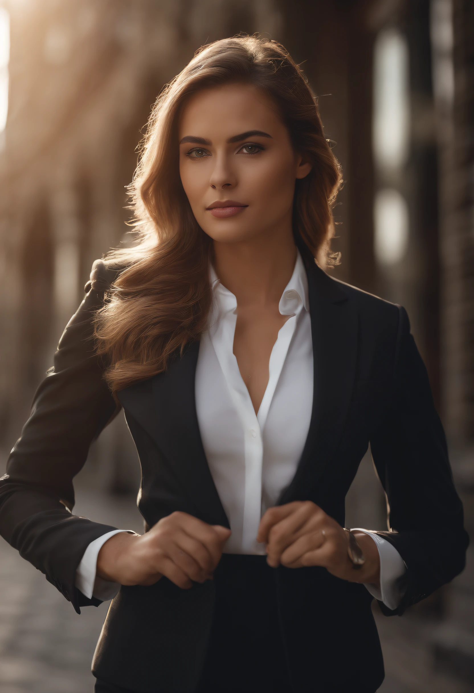 A portrait of a businesswoman in a suit and tie, No estilo do Unreal Engine 5, Empoderamento feminino --AR 128:85
a woman dressed in a business suit standing in front of people, no estilo de retratos suavemente iluminados, UHD 32k, Curves thrown, energia juvenil,  and amber, bonito --ar 128:85 young businesswoman in business suit, no estilo de emocionalmente complexo, ondulado --ar 128:85 A Beautiful Businesswoman Is In A Suit, No estilo do Unreal Engine 5, Sharp focus --AR 128:8 cabelos cacheados