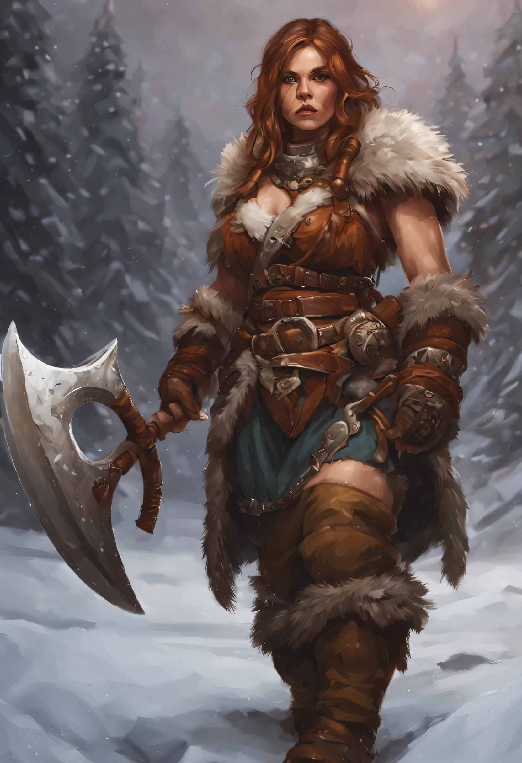 barbarian dwarf female, woman, epic, dnd, rpg, winter clothing, roupa de pele, Big axe in hand, obreiras de pluma, capacete de osso de dinossauro.
