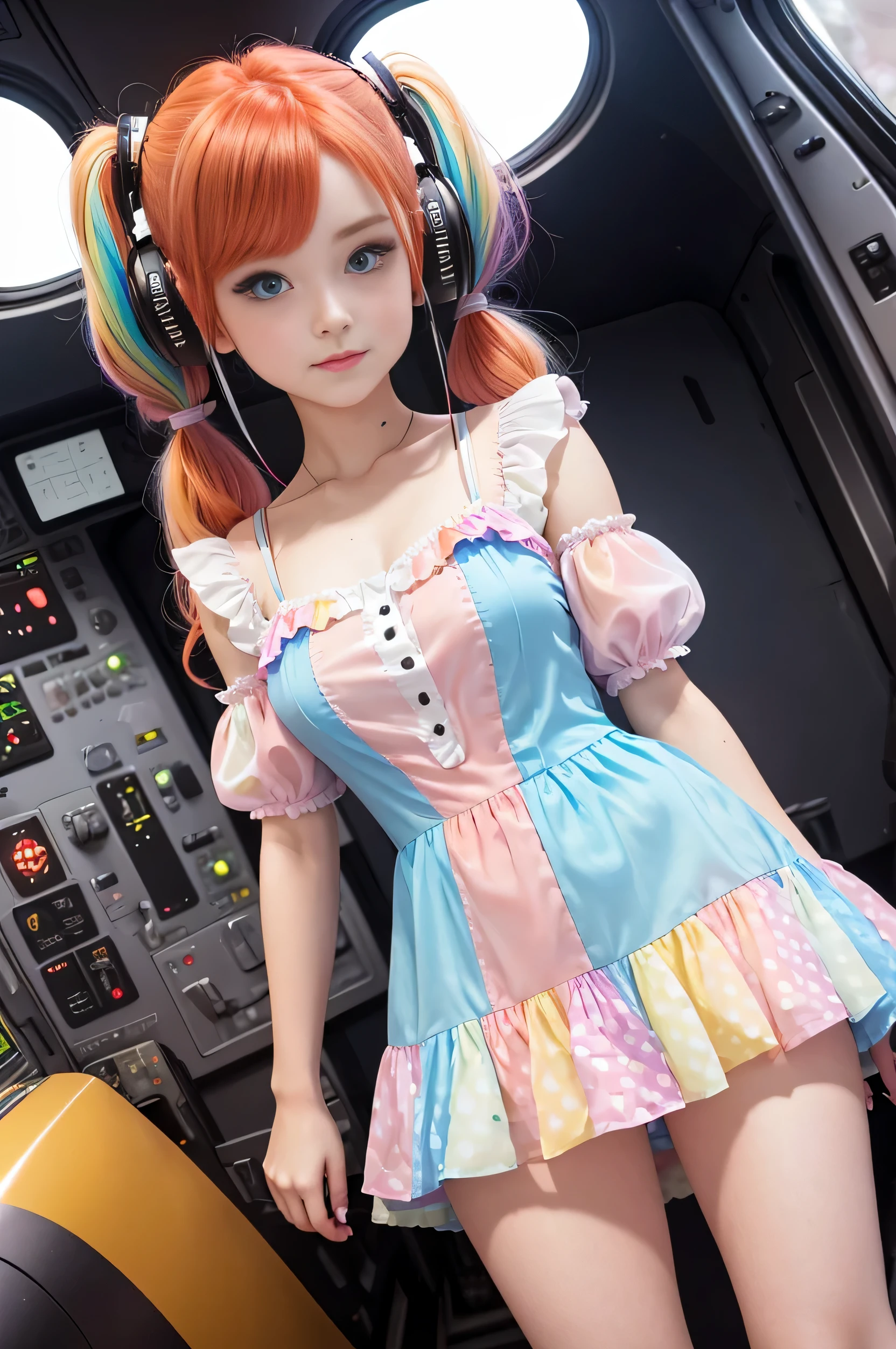 Cute redhead with rainbow colored hair tips, ribbons in her hair, 18-year-old woman, happy, in twin tails, perfect eyes, clear sparkling blue eyes, pale skin, silky smooth skin, flying a fancy metal luxurious space ship, futuristic cockpit, she's a pilot, dark warm lighting, wearing a futuristic party dress, pleated (chemise) mini dress (pastel rainbow colors, and polka dots), puffy sleeves, silk, wearing full body pantyhose, cute short cut booties.