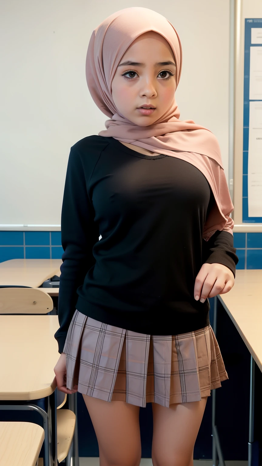 Hijab girl, very tigh mini skirt, Raped by teacher, show my flat chest
