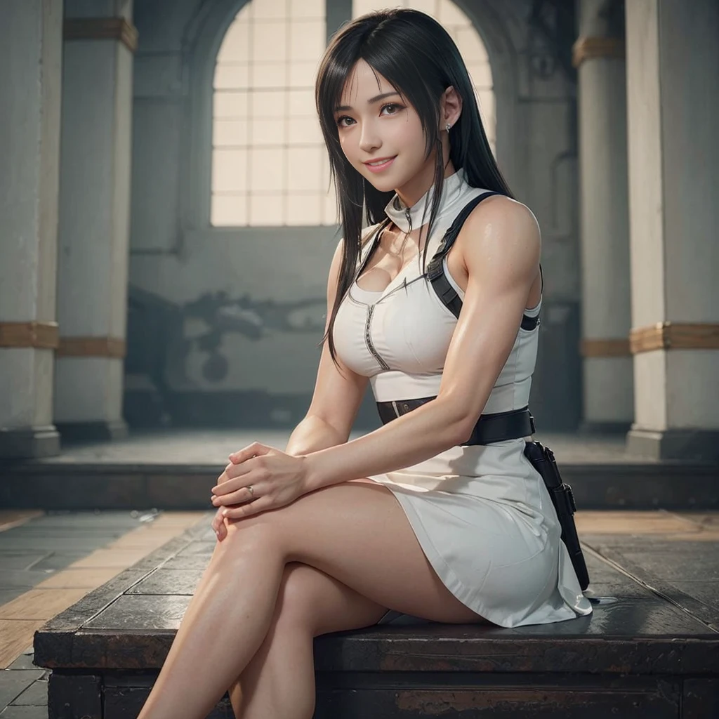 (best quality,ultra-detalhado),(Realistic:1.37),Tifa Lockhart,Rosto bonito e detalhado, textura ultra realista, rosto delicado, Fit physique, cute smile expression