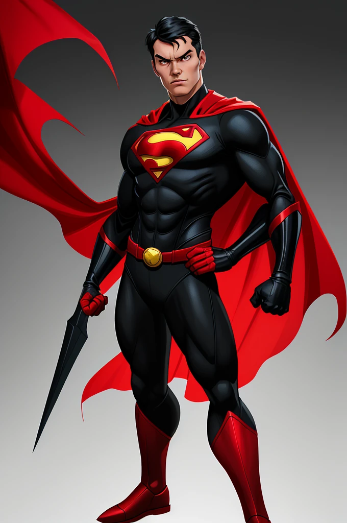 ((homme)), Create a superhero image with a red and black jumpsuit, a cape, and bright eyes. The superhero should have a commanding stance and be ready for action.