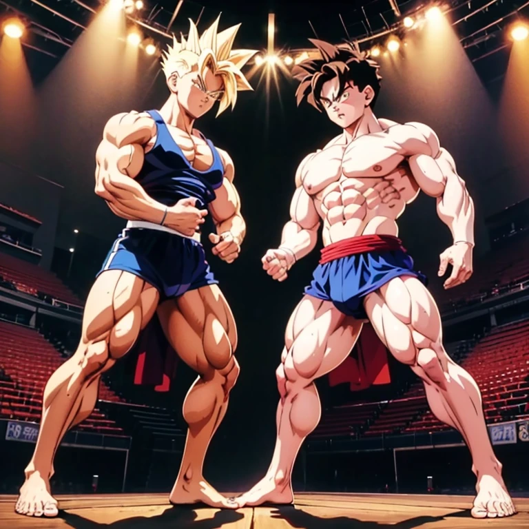 anime stil , High quality full body image of Gohan as a bodybuilder, er&#39;Ich trage nur einen Tanga , ohne Schuhe, feet, bare feet, massive muscular body, huge muscular shoulders, Massive big biceps, Venen im Bizeps, Muskelbeine, massive muscular abs, bizeps flex. posierend, Sie schwitzt, very muscular, The toned body shines in the spotlight, he is standing on a stage, much muscular sexy, Bodybuilding-Pose