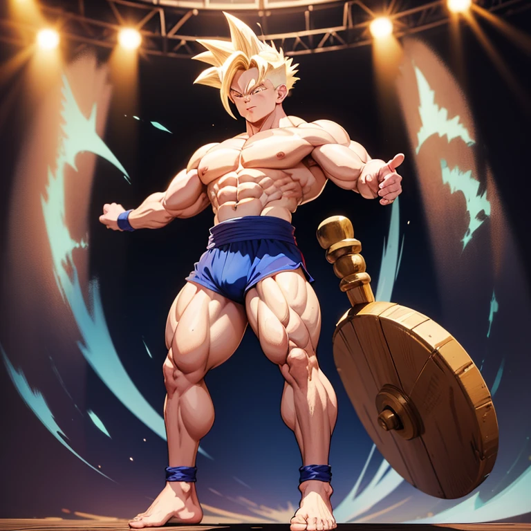 anime stil , High quality full body image of Gohan as a bodybuilder, er&#39;Ich trage nur einen Tanga , ohne Schuhe, feet, bare feet, massive muscular body, huge muscular shoulders, Massive big biceps, Venen im Bizeps, Muskelbeine, massive muscular abs, bizeps flex. posierend, Sie schwitzt, very muscular, The toned body shines in the spotlight, he is standing on a stage, much muscular sexy, Bodybuilding-Pose