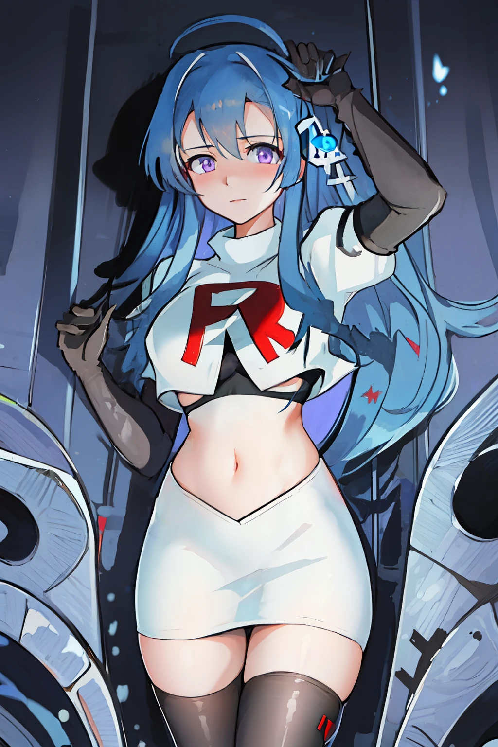 best quality, masterpiece, highres, solo, {helena_azurlane:1.15}, blue_hair, long_hair, ahoge, purple_eyes, breasts, blush, bangs, hair_ornament, medium_breasts, hair_between_eyes, 1girl, looking_at_viewer, large_breasts, team rocket,team rocket uniform,white skirt,red letter R,crop top,black thigh-highs,black elbow gloves