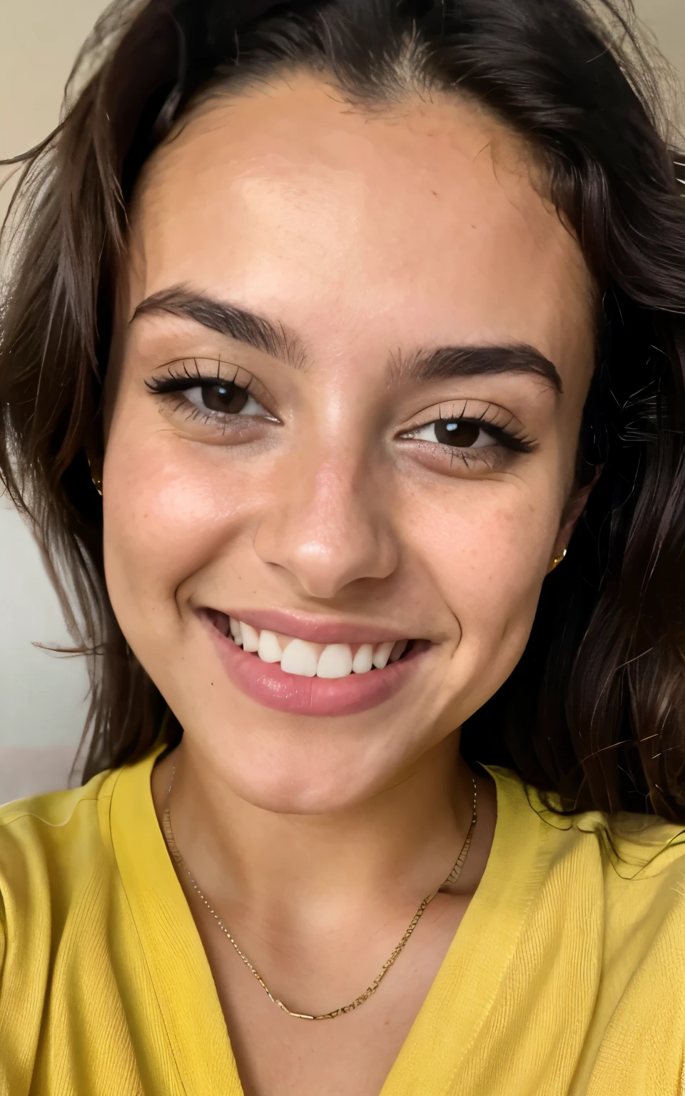 photorealistic, sharp focus, raw photo, photo, beautiful 20 y.o latina-spanish girl, , detailed skin poreace texture, pores, (goosebumbs:0.7), photorealistic, beautiful 20 y.o latina-spanish girl, in bed selfie, wearing yellow shirt, smiling towards the camera, nice body, looking at camera, angle taken from right hand on an iphone 14 camera, messy hair