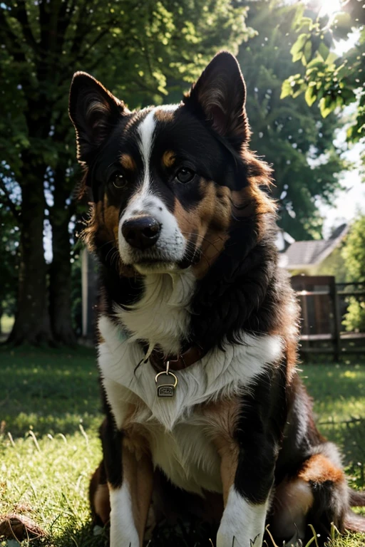 kleiner Hund der Rasse "Havaneser" mit grossen kugligen Augen, sitzt auf einer Wiese im Sonnenlicht