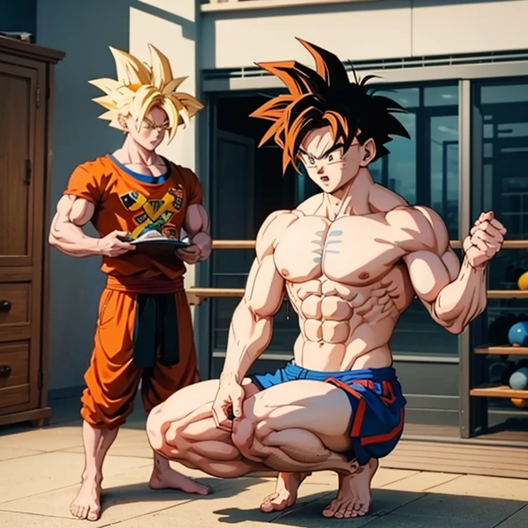 (Eine detaillierte Zeichnung von Son Goku, bodybuilding gym.), shirtless, barefoot