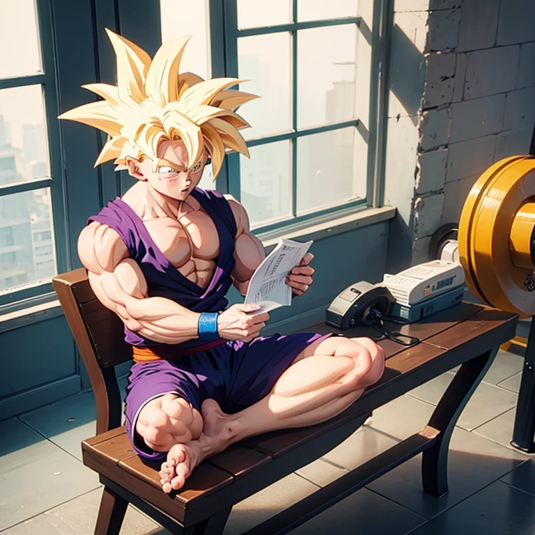 (Eine detaillierte Zeichnung von Son Goku, bodybuilding gym.), shirtless, barefoot