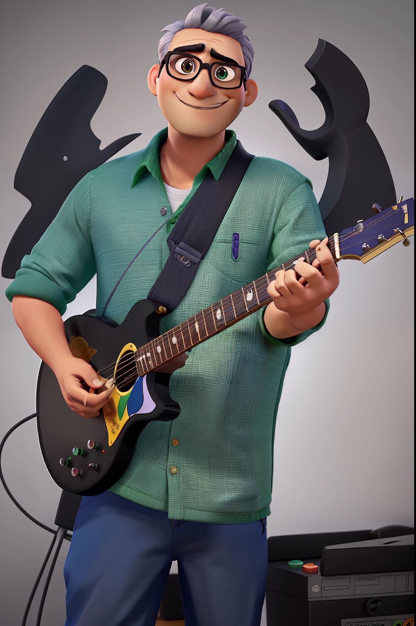 cartoon character of a man with black glasses and a green shirt playing guitar, animation character, Caractere estilizado, animation style rendering, 3D estilizado, Arnold Maya render, 3 d render stylized, toon render keyshot, Personagem 3D, Personagem 3D, Stylized 3D rendering, 3 d character render, personagem de desenho animado, Personagem de close up, Pose de personagem, (Estilo Pixar) (master piece:1.2) (Bokeh) (better quality) (pele detalhada) (textura detalhada) (8k) (argila) (Cinematic lighting) (sharp focus