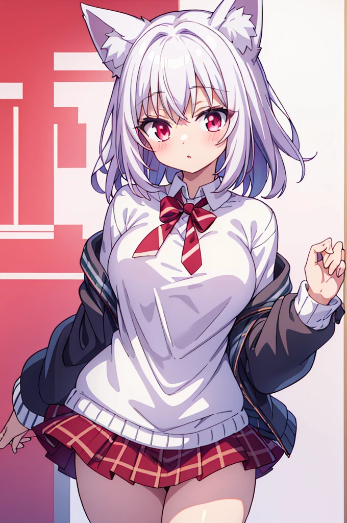 (masterpiece), best quality, my foxy girlfriend - fuku, medium breasts, white fox ears, one white fox tail, round face, white hair, white skin, cute girl, innocent , medium size, ager, light pink sweater, white thighs high,red tie hidden by sweater, red pink eyes, short back hair, 2 long strands falling on breasts, very short red plaid skirt under the sweater, thick thigh, black japanese school shoes