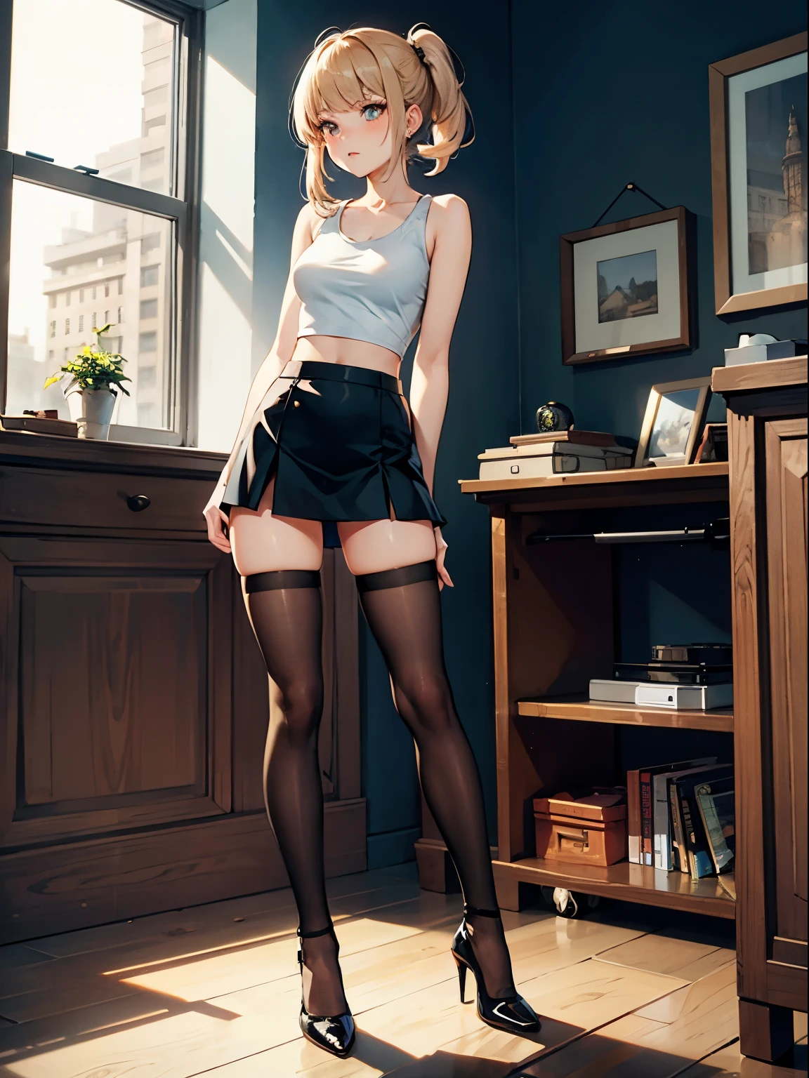 miniskirt, tank top, thigh highs, high heels