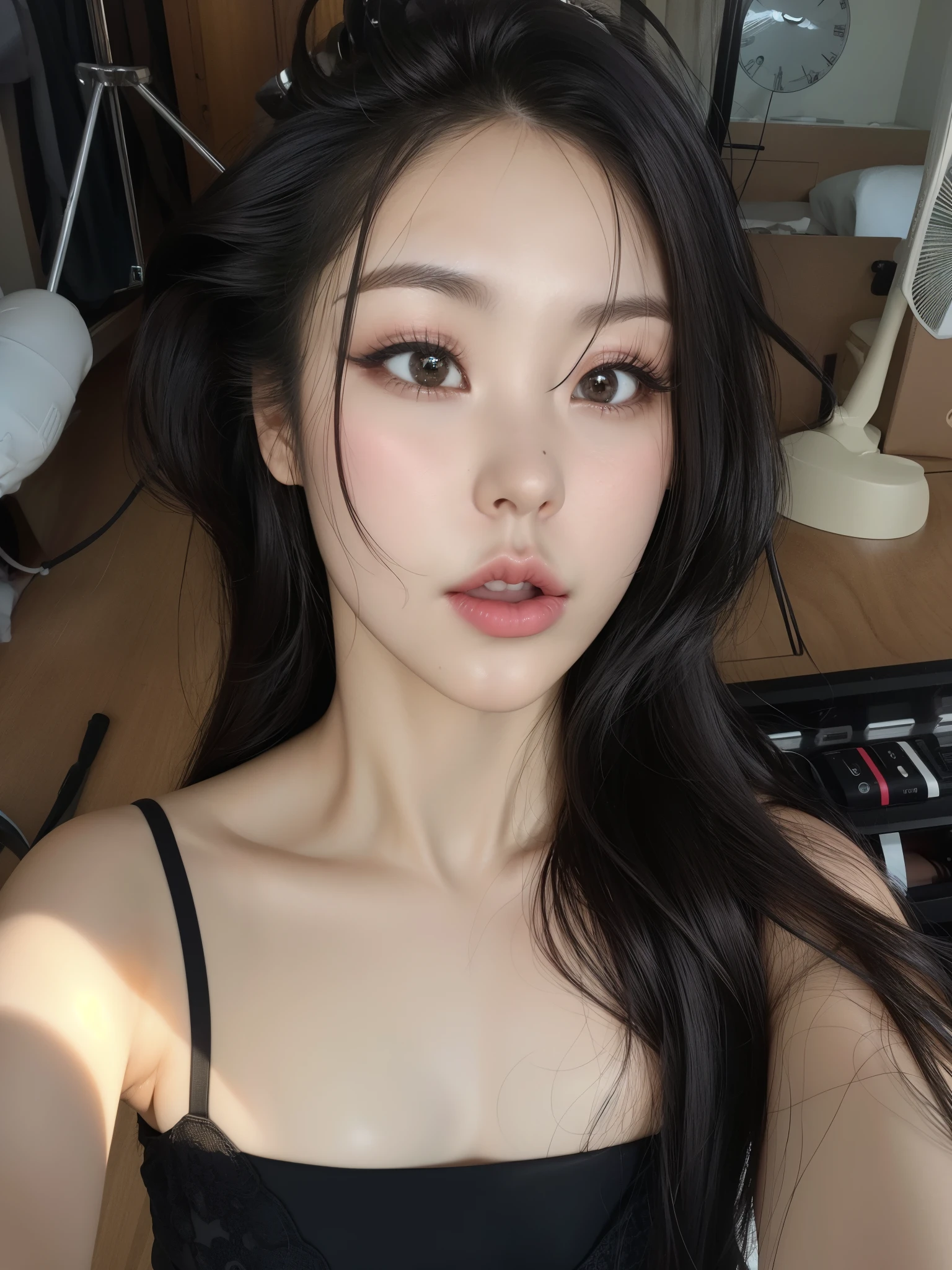 There is a woman with long hair and a black bra top, linda mulher sul-coreana, heonhwa choe, linda jovem coreana, linda jovem coreana, maquiagem sul-coreana popular, young lovely korean face, adorable and pale korean face, gongbi, jaeyeon nam, Menina coreana, maquiagem coreana popular, fotografia selfie 8k, Jinyoung Shin, taejune kim