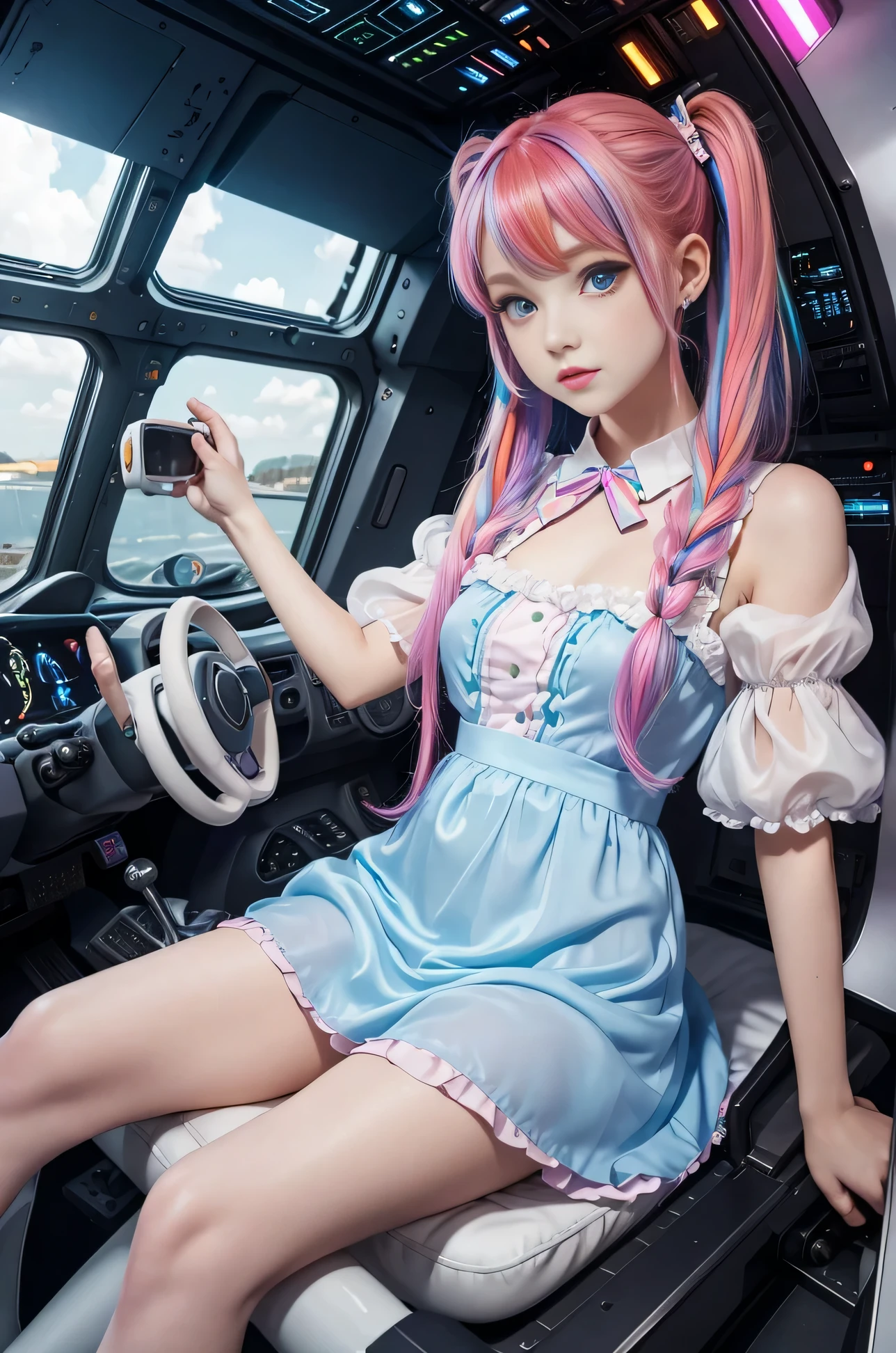 Cute redhead with rainbow colored hair tips, ribbons in her hair, 18-year-old woman, happy, in twin tails, perfect eyes, clear sparkling blue eyes, pale skin, silky smooth skin, flying a fancy metal luxurious space ship, futuristic cockpit, she's a pilot, dark warm lighting, wearing a futuristic party dress, pleated (chemise) mini dress (pastel rainbow colors, and polka dots), puffy sleeves, silk, wearing full body pantyhose, cute short cut booties.