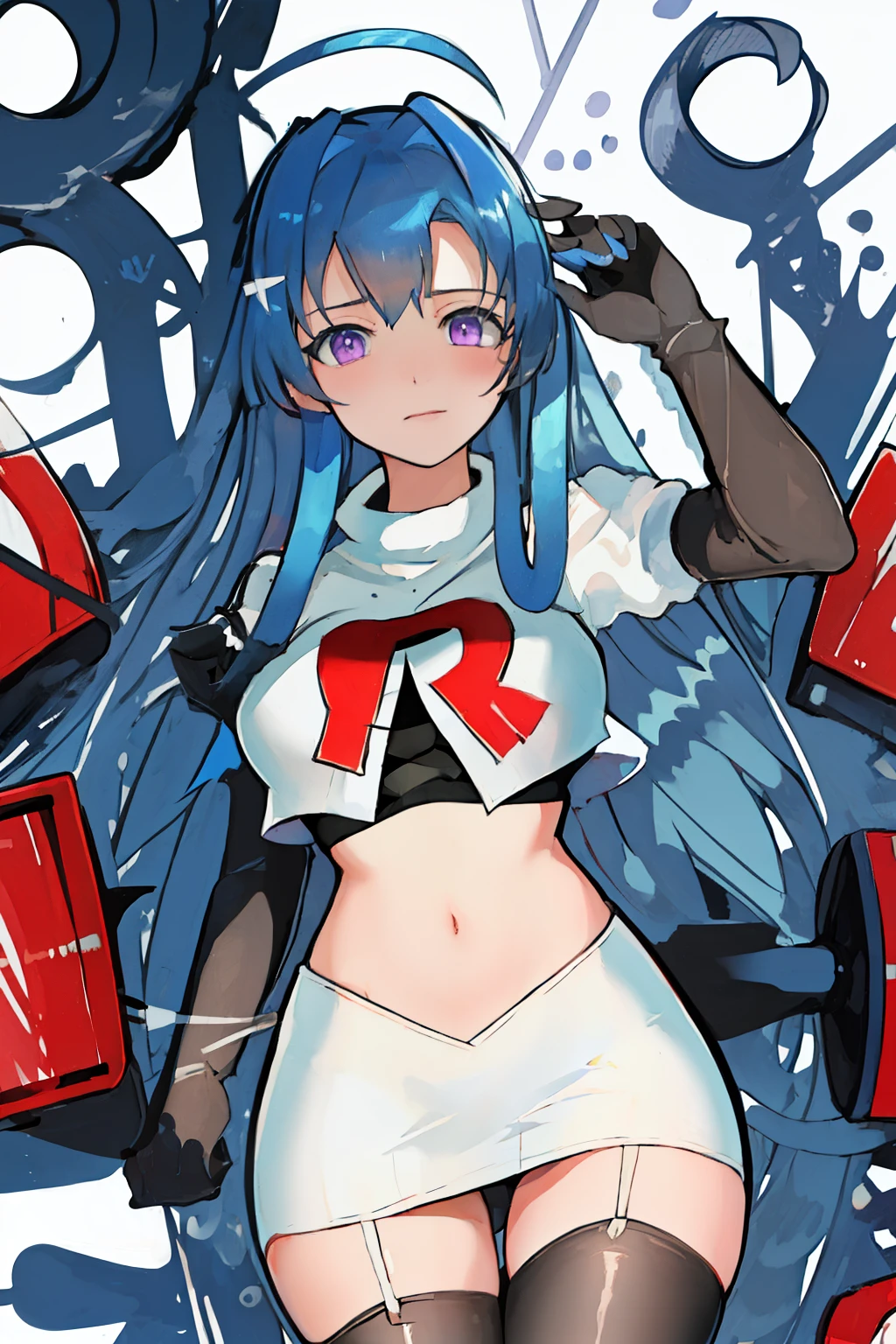 best quality, masterpiece, highres, solo, {helena_azurlane:1.15}, blue_hair, long_hair, ahoge, purple_eyes, breasts, blush, bangs, hair_ornament, medium_breasts, hair_between_eyes, 1girl, looking_at_viewer, large_breasts, team rocket,team rocket uniform,white skirt,red letter R,crop top,black thigh-highs,black elbow gloves
