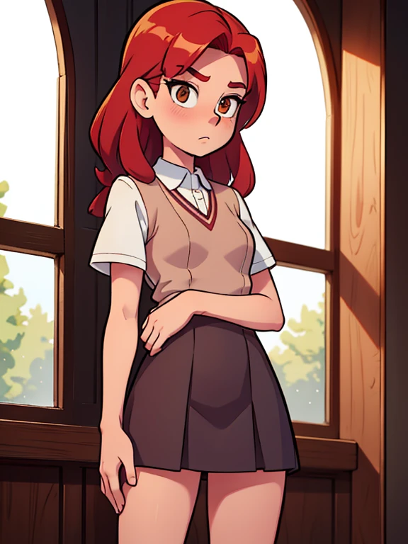 Tall slender modest shy serious pretty girl of  with long copper-red hair, with brown eyes, with beautiful small breasts, with hidden masochistic tendencies, in strict school uniform, full-length, maximum detail, absolute photorealism