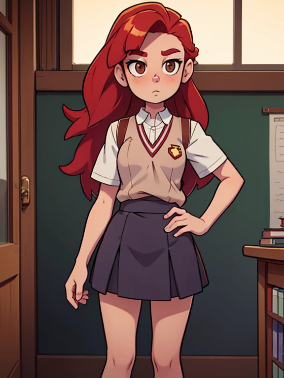 Tall slender modest shy serious pretty girl of ************ with long copper-red hair, with brown eyes, with beautiful small breasts, with hidden masochistic tendencies, in strict school uniform, full-length, maximum detail, absolute photorealism