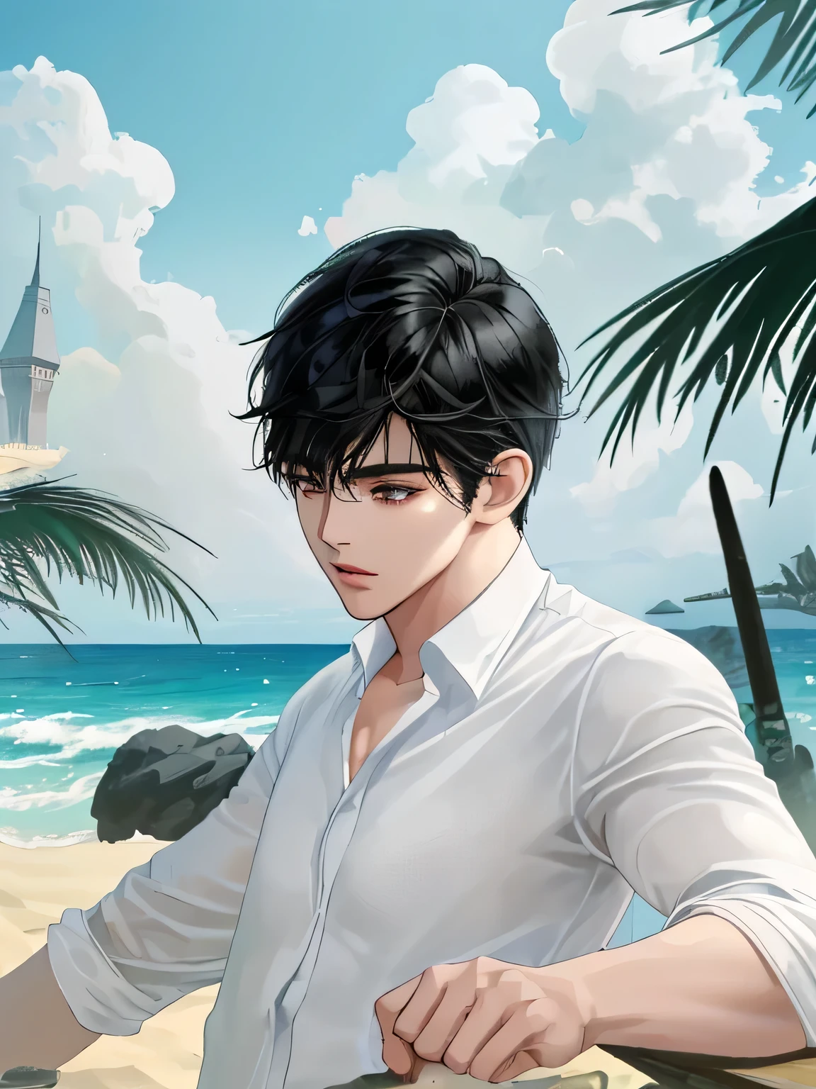 1boy, black hair, upper body, handsome, anime, white shirt, sea, sand, ocean, masterpiece, best quality, delicate face