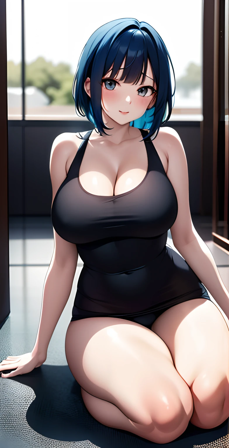 anime girl with blue hair and black top sitting on the floor, seductive anime girl, 2 d anime style, ecchi anime style, anime girl, beautiful blue haired girl