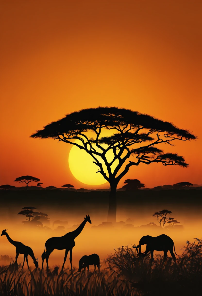sunset silhouette, acacia tree, African savannah, vibrant orange sky, (silhouette art:1.8,剪影艺术), (Best quality:1.5, masterpiece:1.5).