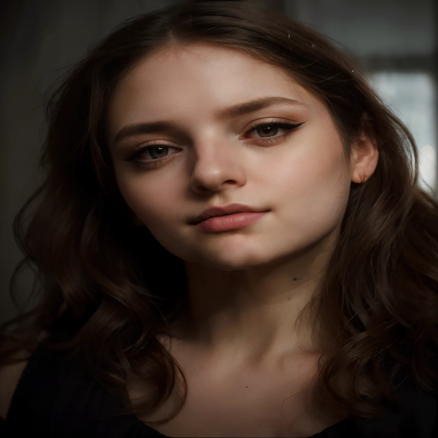 realistic woman with long hair and a black top posing for a picture, makeup, soft portrait shot 8 k, 50mm portrait, 60mm portrait, close up portrait photo, medium portrait soft light, 7 0 mm portrait, cinematic headshot portrait, beautiful portrait lighting, portrait soft low light, detailed beauty portrait, portrait of a beautiful model, closeup headshot portrait