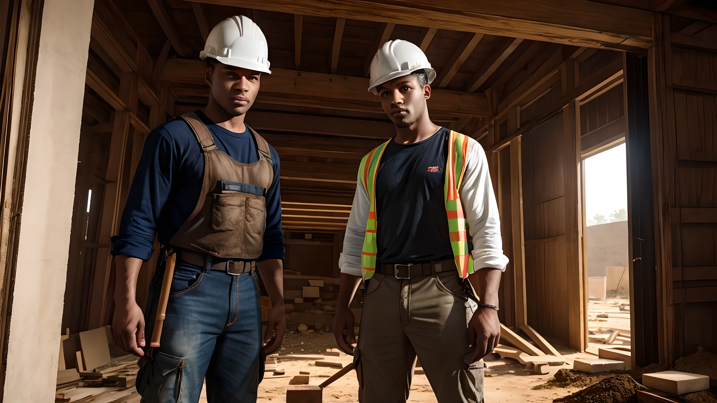 Ultra-realistic photograph of Black-American construction workers. They are wearing construction uniform. They are busy working at a building construction site. Award winning photography quality, epic photograph, Cinematic lighting, perfect textures, highest face quality, perfect body proportions, perfect hands