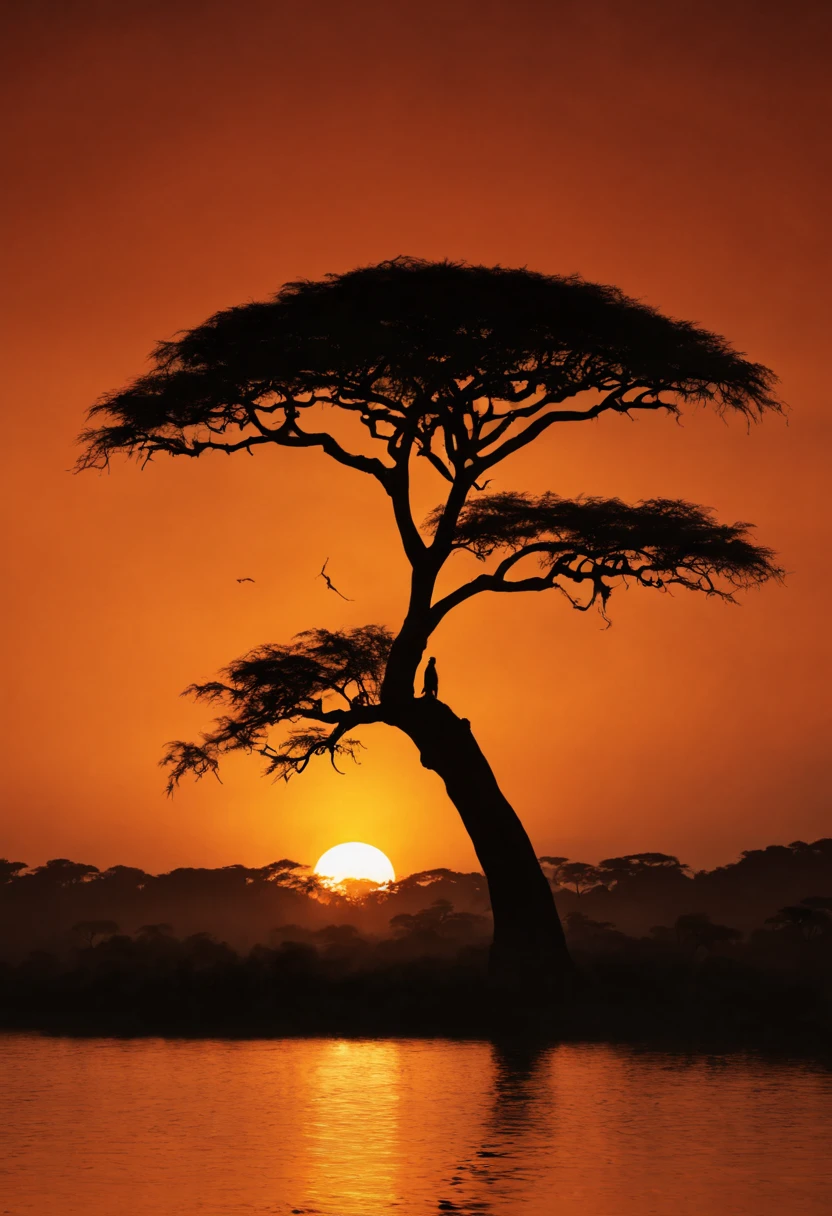 sunset silhouette, acacia tree, African savannah, vibrant orange sky, (silhouette art:1.8,剪影艺术), (Best quality:1.5, masterpiece:1.5).