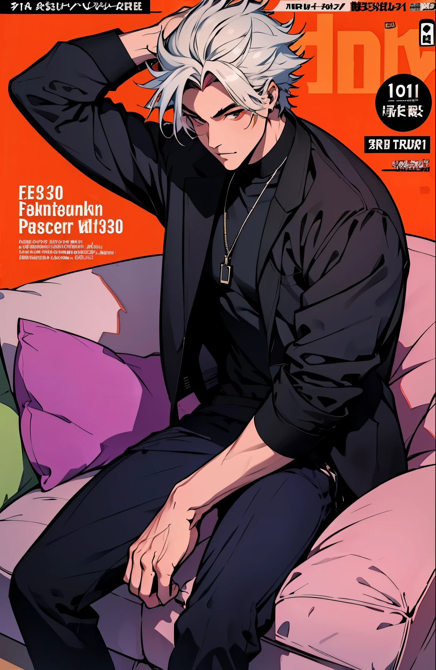 a mais alta qualidade, 8k, high resolution image, Jujutsu Kaisen estilo anime , Arataki Itto, Detailed strokes, fundo desfocado, (um estilo de capa de revista),  luz roxa refletindo nele , (angulo de perto), 1 homem, jovem, macho, modelo, sitting on a sofa   , multicolored background with various geometric shapes , em volta adesivos, musculoso, cabelo vermelho e branco, vestindo uma jaqueta fria , unbuttoned jacket showing off his defined abs , olhos marcantes , com a camisa, Peito inchado