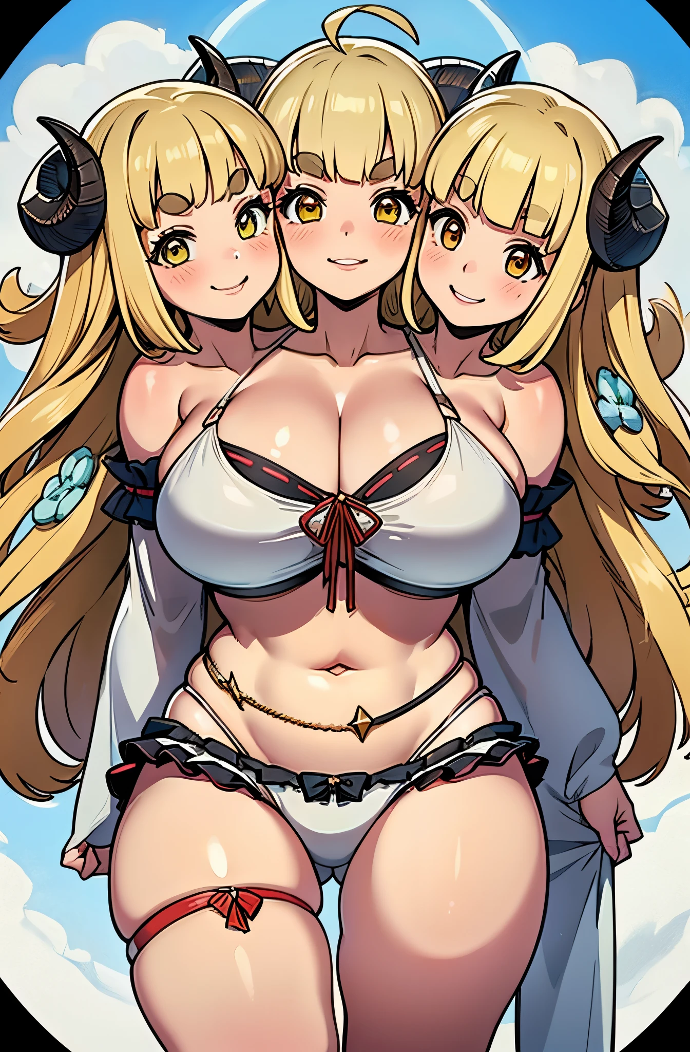 (3heads:1.3), 1girl, (anisum bikini:1.1), dynamic, pov, smile, v-shaped eyebrows, establish , tilt frame, blonde hair, horns, cute face, chubby