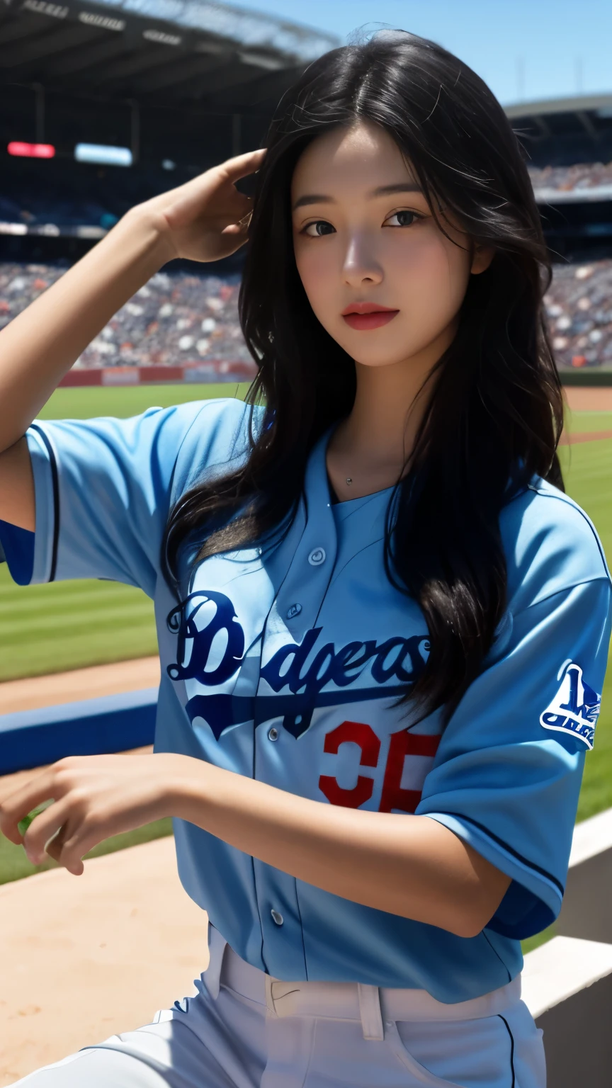 masterpiece，highest quality，fine skin，Beautiful woman，long black hair，turned into slime，baseball uniform，los angeles dodgers uniforms，baseball Ground