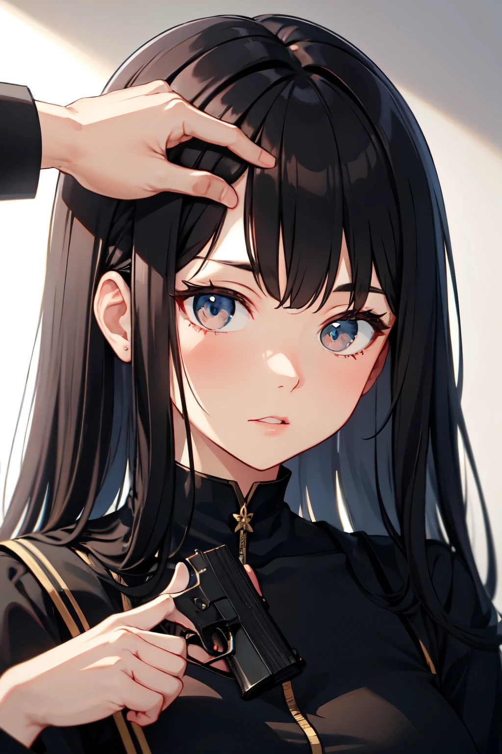 ((best quality)), ((masterpiece)), (detailed), perfect face rimworld girl long black hair cute, holding handgun on her head