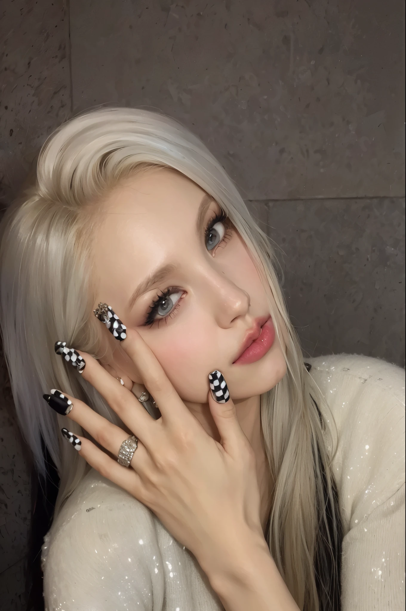 blonde woman with black and white nails and a white sweater, com cabelos longos brancos, ava max, com longos cabelos brancos, parque roseanne de blackpink, unhas compridas, 8 0 tabuleiro de xadrez 6 6 6, unhas compridas, garota de cabelos brancos perfeita, rosto bonito de cabelo branco, [ foto realista ]!!, com dedo indicador, cabelo espetado xadrez, cl