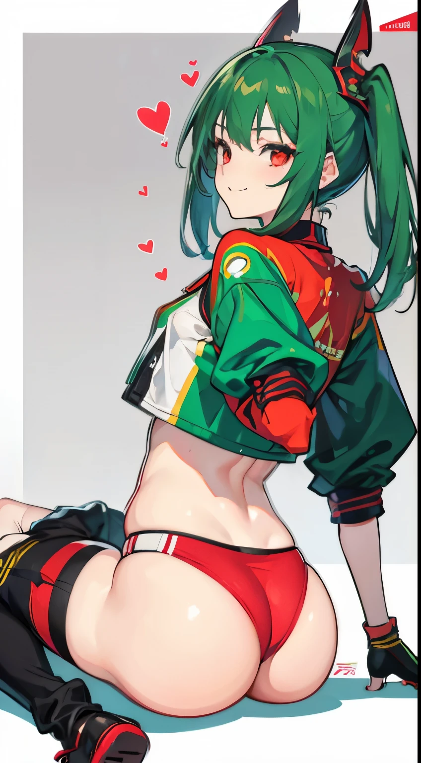 X-rated,Under the legend,Chara,age girl,red eye,Smile,Sexy,green,Chest leak,short crop top,hot pant,stall's seagull body standing painting,posture,Short brown sea ice turns red,Underwear model,lust,Hand repair,detail, clothing,HD,no underwares, TV show,Buttocks raised,stick out your tongue,Playful,love heart,hips close,Sweat,Rear view,big,sitting
