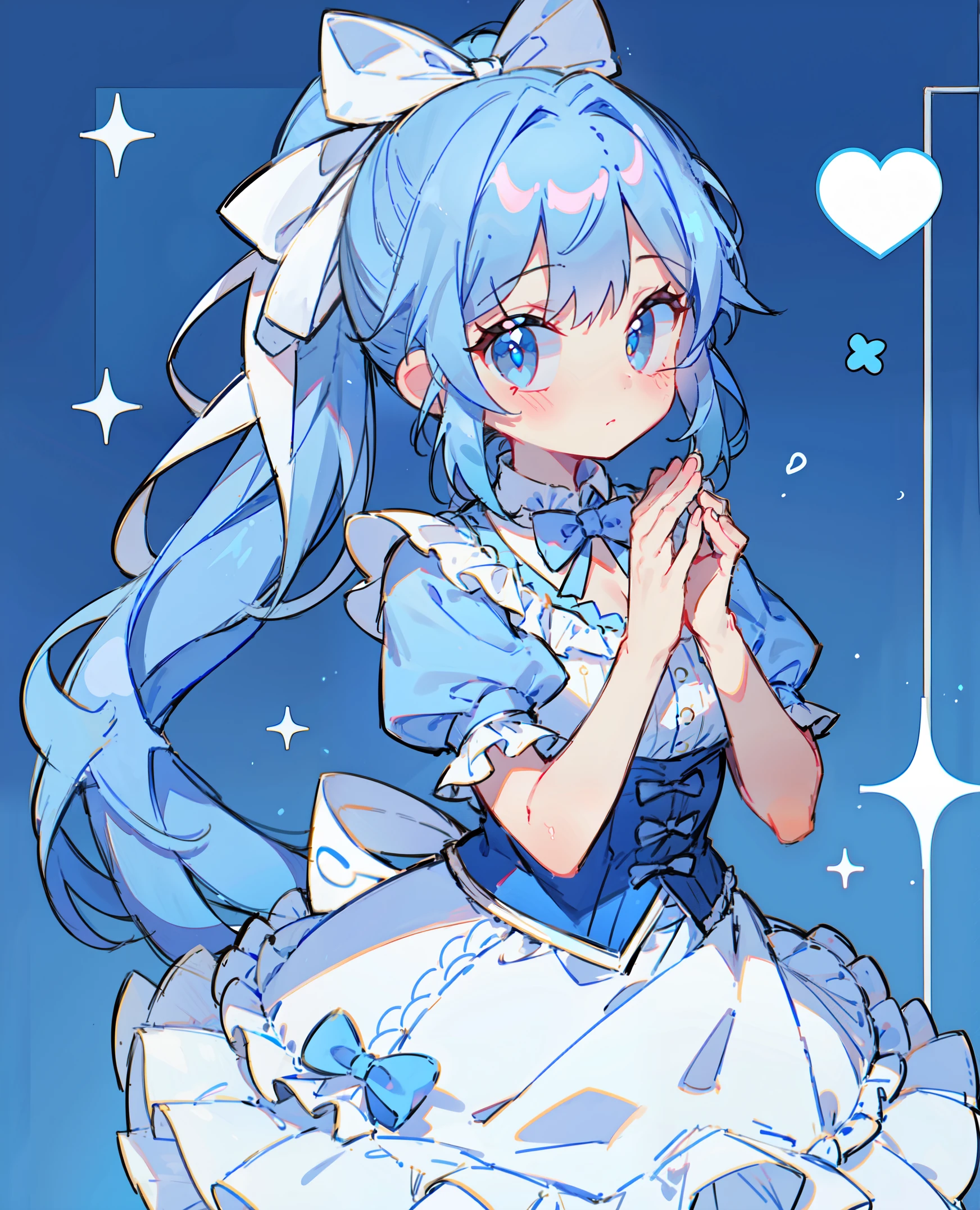 1 girl in, blue hair, Long double ponytail, blue shirt, puffy collar, White fluffy skirt,  heart and your hands, White ribbon on hair, Lots of hair accessories, ****ta prostitute