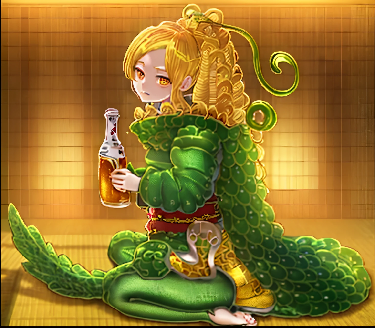 The beautiful anime-faced girl has golden hair. She is wearing a dragon costume with green scales and is facing me. She is sitting with her white skinned thighs exposed, and she is drinking beer with a beer in her hand. She is in a Japanese-style room with tatami mats.