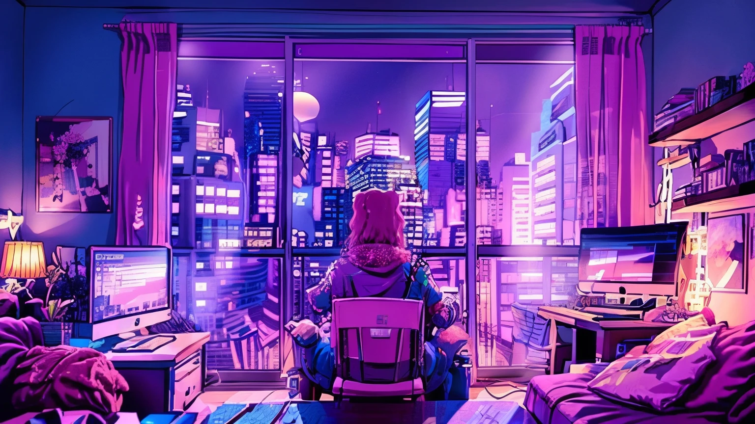 Girls are traders, Pink Theme, Style Anime, Computer, living room, in the Computer screen is chart stock night light , (extremely detailed:1.2), (Warm light:1.2), muste piece, Super realistic,At 32K, Highly detailed CG Unity 8K wallpaper, best quality  (muste piece,best quality:1.5)