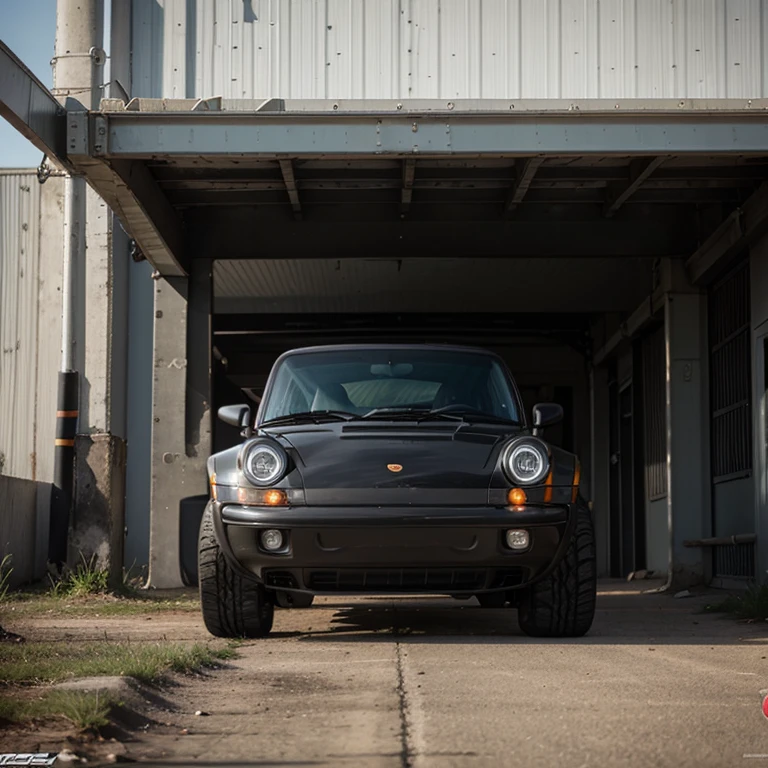 A Porsche Carrera 911 in Jeep Wrangler style, with large wheelbase, stuffed rims and large exhaust pipes